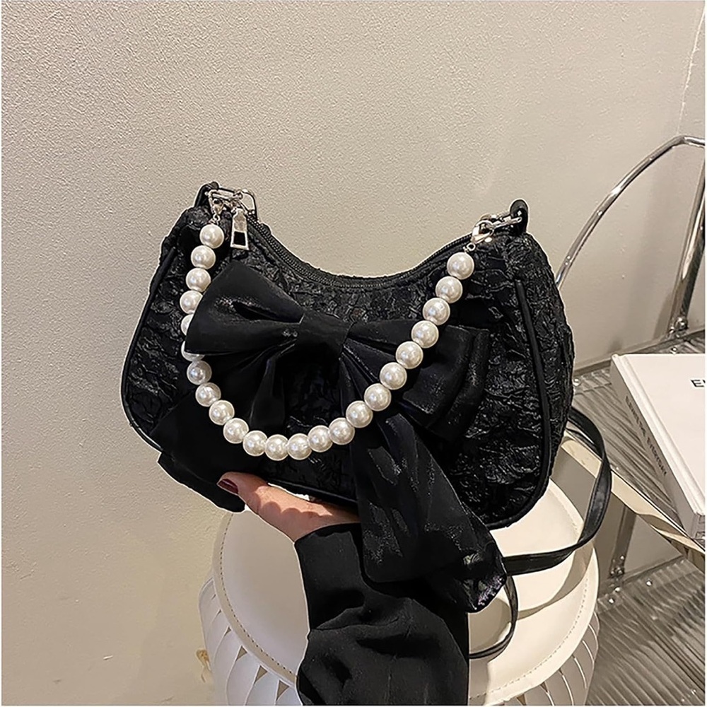 Black lace crossbody bag with pearl top handle & ribbon bow | Coquette Style NWT - Picture 3 of 11